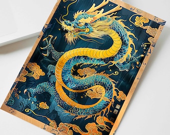 Blue Gold Dragon Greeting Card, Zodiac Illustration Cards, Birthday Stationary for Dragon Lovers 1964 1976 1988 2000 2012