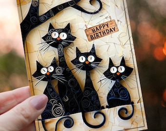 Personalised Funny Black Cats Card Happy Birthday, Sending Love to Cat Parents, 2D card with 3D effect, Pack of Blank Cards for Cat Lovers