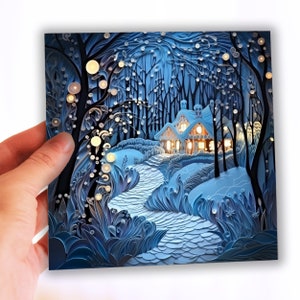 Carte de voeux Cottage enchanté dans la neige, cartes de voeux forêt fantaisiste, carte 2D forêt hivernale magique avec effet 3D imprimé