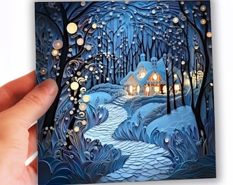 Carte de voeux Cottage enchanté dans la neige, cartes de voeux forêt fantaisiste, carte 2D forêt hivernale magique avec effet 3D imprimé