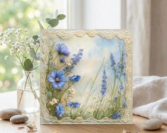 Provence Style Blue Flowers Greeting Card, French Country Birthday Card, Blank or Personalised, Rustic Floral Card for Her, Mother's Day