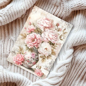 Personalisierte Decoupage-Stil rosa Pfingstrose Blumenstrauß-Blumen-Karte für Geburtstag, Jahrestag, Tochter Nichte Geschenk zarte Vintage Stationär