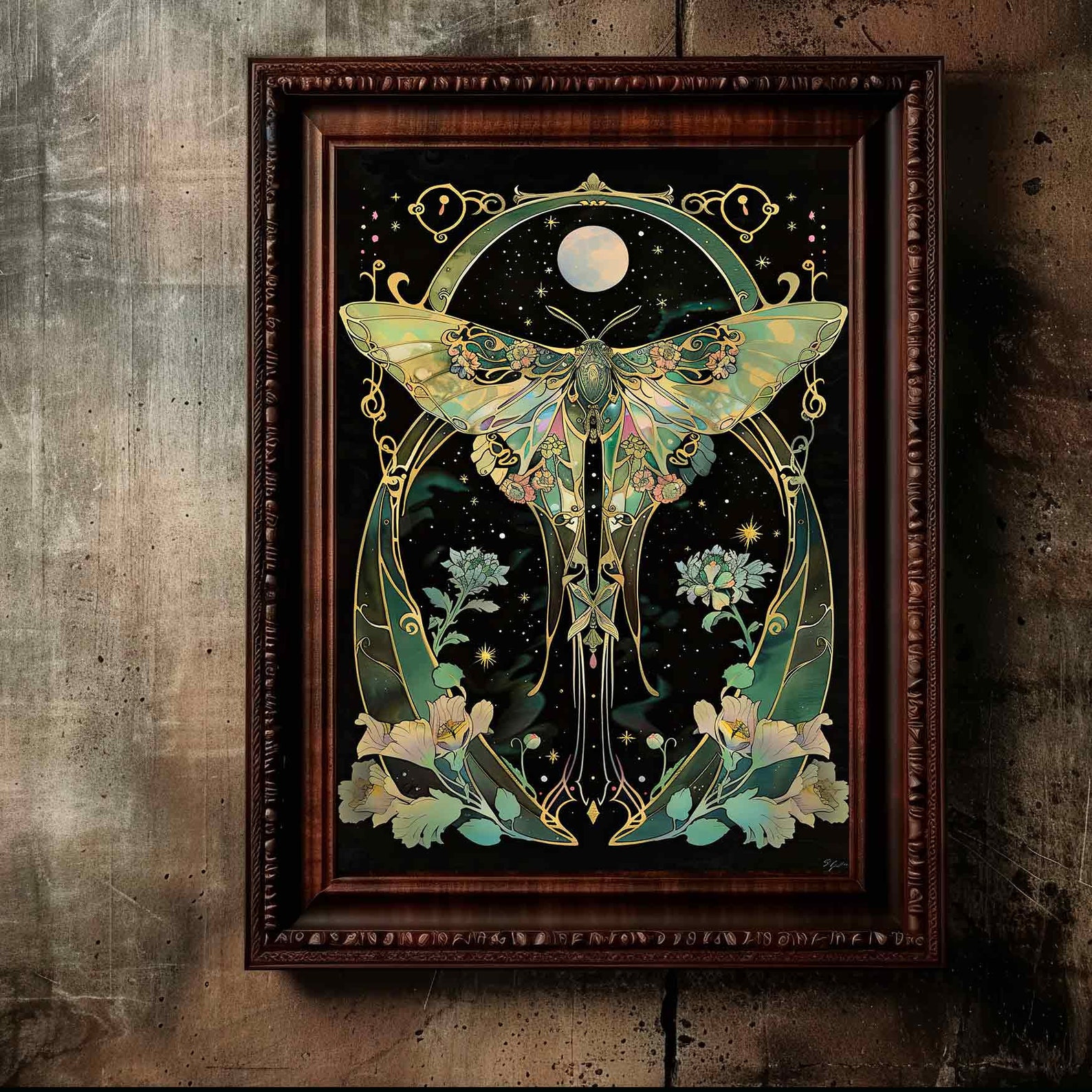Gothic Insects Art Nouveau Green Moth Print, Bugsretro Art Insect Poster, Butterflies ...