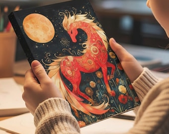 Inbunden anteckningsbok med röd eldhäst, present, dagbok, journal, skissblock, personlig fantasijournal