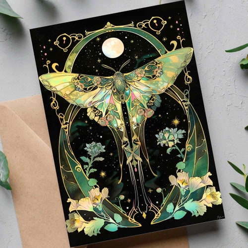 Large Celestial Moon Moth Art Nouveau Stationary, Tarot Card Goth