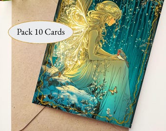 Pack 10 Fairy Girl & Robin Christmas 2026 Greeting Cards, Illustrated Fairies Unique Stationary Set for Fairy Lovers