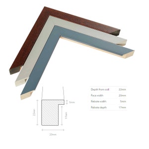 May include: Three wooden picture frame samples in brown, gray, and blue. The frames are angled to show the profile, with dimensions of 22mm depth from the wall, 20mm face width, 5mm rebate width, and 17mm rebate depth.