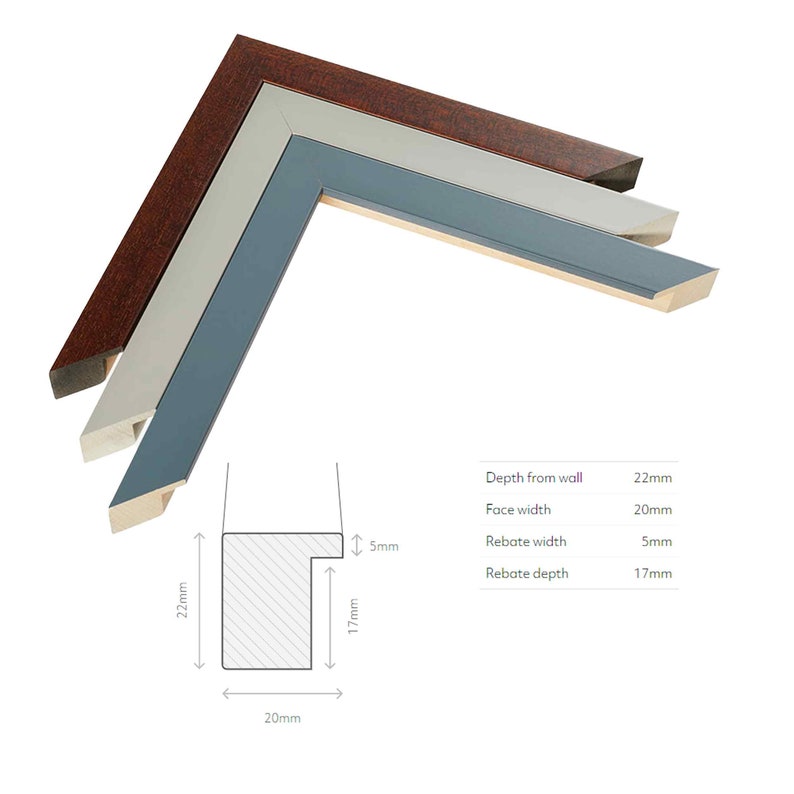May include: Three wooden picture frame samples in brown, gray, and blue. The frames are angled to show the profile, with dimensions of 22mm depth from the wall, 20mm face width, 5mm rebate width, and 17mm rebate depth.