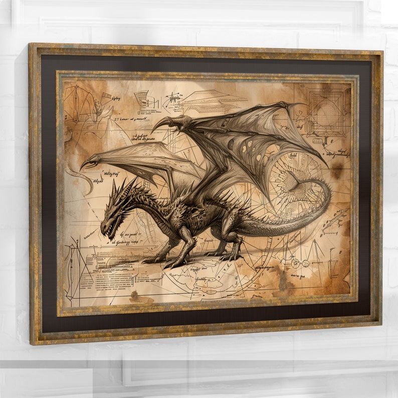 Dragon Pencil Drawing Poster Fantasy Art Print, Large Dragon Vintage ...