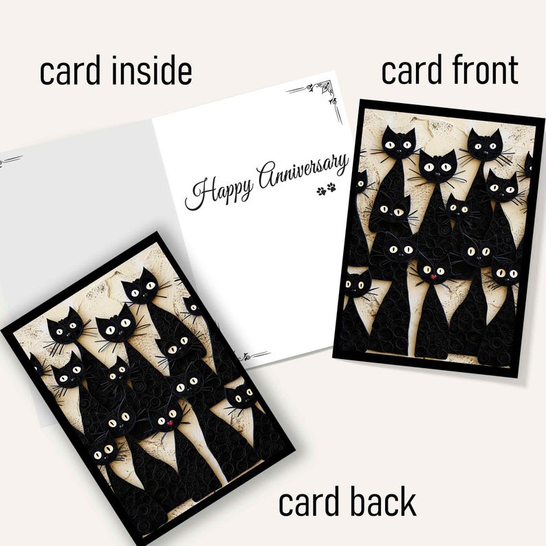 Funny Black Cats Card Happy Birthday, Sending Love to Cat Parents, 2D card with 3D effect, Pack of Blank Cards for Cat Lovers