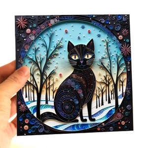 Mysterieuze zwarte kat-wenskaart voor kattenliefhebbers en ouders, 2D-kaart met 3D-effect voor verjaardag, kaartenset kerst 2024