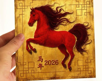 Cartão de felicitações personalizado para o Ano Novo Chinês com Cavalo de Fogo – Zodíaco Lunar, Feliz Ano Novo Chinês 2026, Estação do Cavalo Vermelho em Branco
