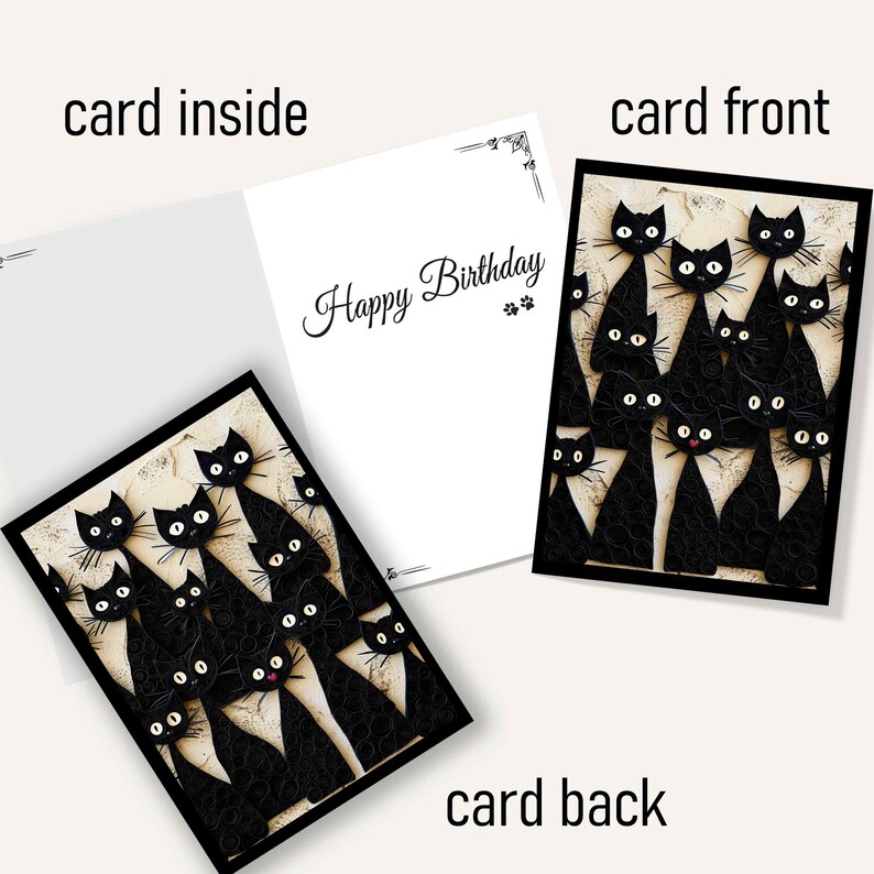 Funny Black Cats Card Happy Birthday, Sending Love to Cat Parents, 2D card with 3D effect, Pack of Blank Cards for Cat Lovers