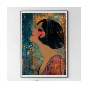 Framed Art Deco Style Vintage Powder Room Wall Art, Large Art Deco Blue Purple Gold Wall Art Retro Lovers Gift, Living Room Home Decor