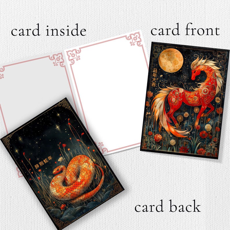 May include: Greeting cards with detailed illustrations. One card shows a red horse under a full moon, another a coiled snake. The inside of the cards are blank with decorative borders. The cards are black with gold trim.