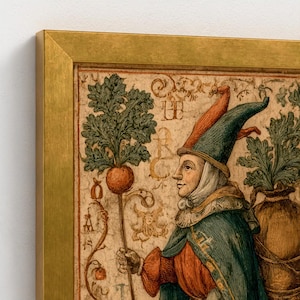 May include: Framed vintage print featuring a person in a hat and cape, holding a staff with a root vegetable. The artwork has a muted color palette with shades of green, orange, and beige. The frame is gold.
