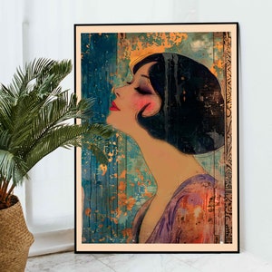 Framed Art Deco Style Vintage Powder Room Wall Art, Large Art Deco Blue Purple Gold Wall Art Retro Lovers Gift, Living Room Home Decor