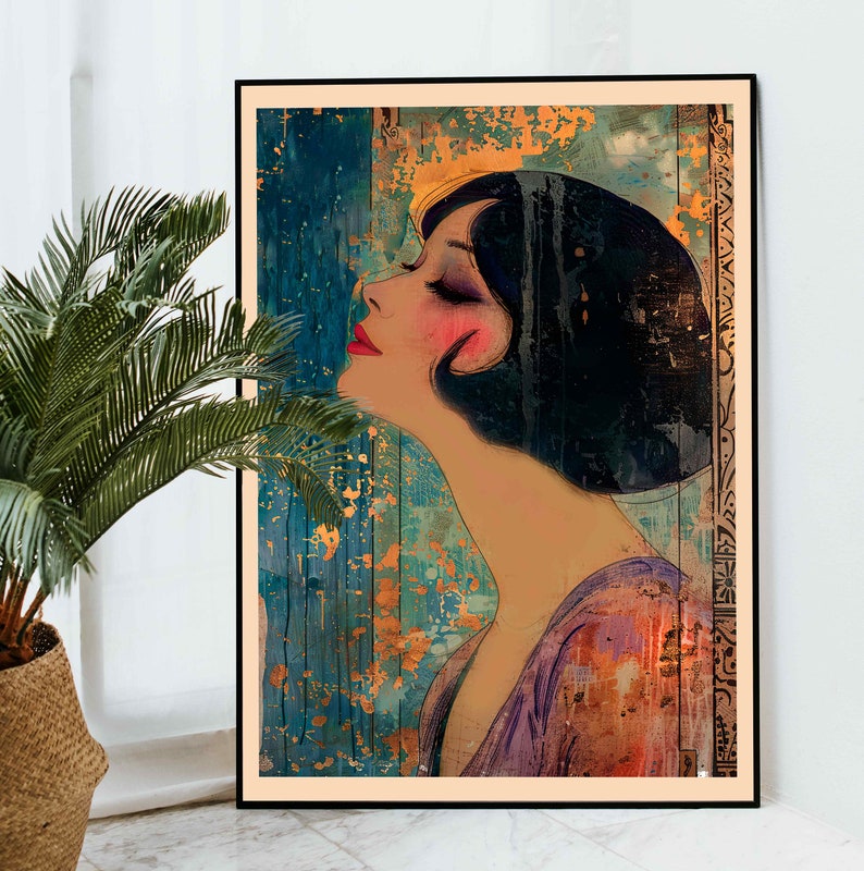 Framed Art Deco Style Vintage Powder Room Wall Art, Large Art Deco Blue Purple Gold Wall Art Retro Lovers Gift, Living Room Home Decor
