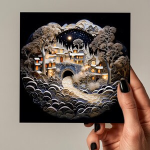 Magical Village in Snow Greeting Personalised Card, Whimsical Winter Town Christmas 2026 Cards, 2D Printed, Joyeux Noël, Frohe Weihnachten