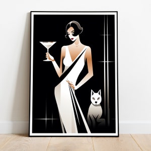Decoración de vestidor de estilo vintage de 1920, chica Art Déco con arte de pared de tocador de perro, póster de cóctel grande, regalo de arte de pared estilo años 20