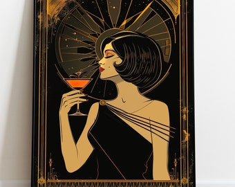 Vintage Style Dressing Room 1920 Decor, Art Deco Lady Powder Room Wall Art, Large Cocktail Poster 20s Style Wall Art Gift, Art Deco Bedroom