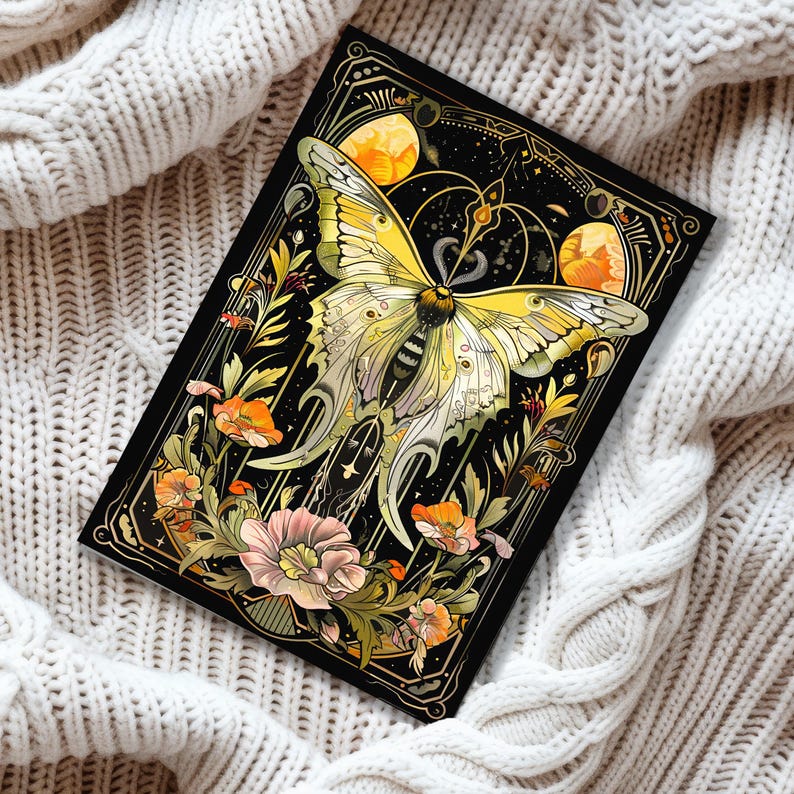 Butterfly Moth Illustration Art Nouveau Stationary, Insect Flowers Goth Goblincore Whimsigoth Birthday Card, Cottagecore Dark Moths Gift