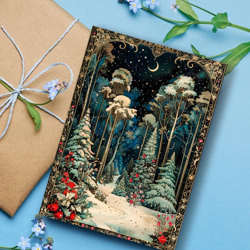 Tarjetas navideñas de invierno con temática de bosque encantado para Navidad 2026, un mágico país de las maravillas invernal, papelería personalizada ilustrada para Navidad y cumpleaños.