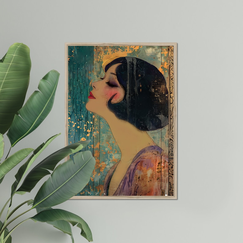 May include: Art print of a woman with dark hair and red lipstick, gazing upwards. The artwork features a teal and gold background with a wooden frame. The woman is wearing a purple dress.