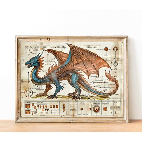 Affiche médiévale de dessin d'illustration de dragon bleu, impression d'art fantastique, grand dragon de style vintage, décoration murale dragon, cadeau amateur de déco dragon