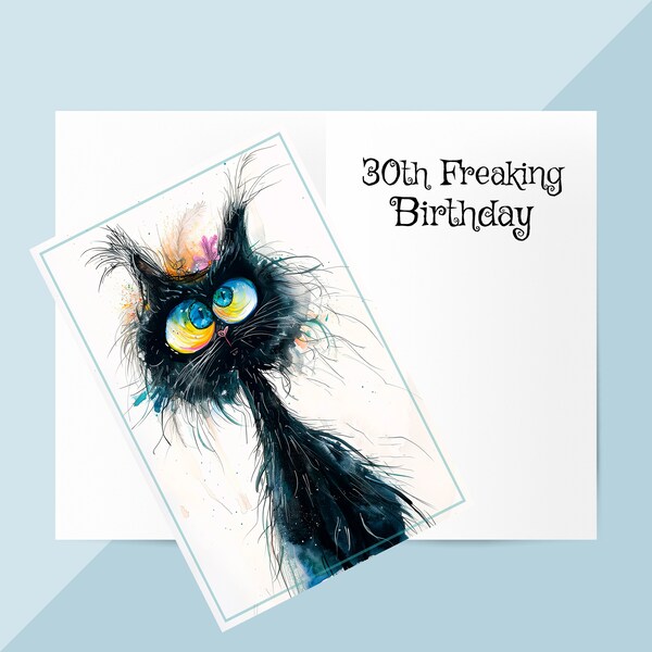 Personalised 30th Birthday Card, Crazy Black Cat Happy Birthday Card for Cat Lovers, Brother Sister Nephew Niece Quirky Humour Birthday Card