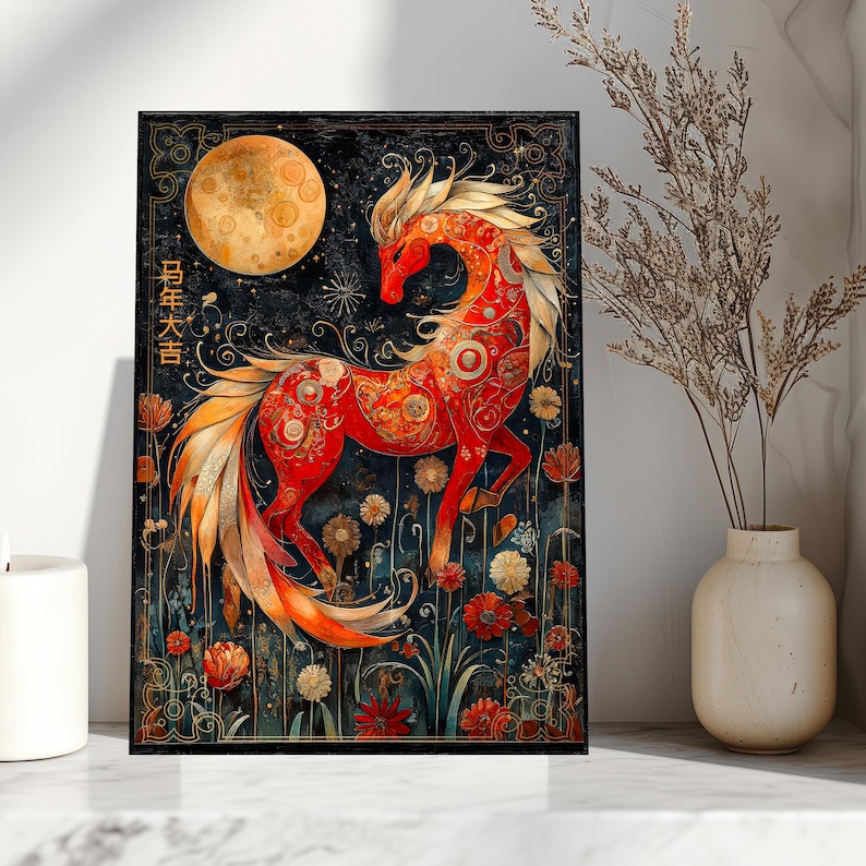 May include: Framed art print depicting a red horse with detailed patterns, set against a dark blue night sky with a full moon. The artwork includes floral elements and Chinese characters. The horse has a golden mane and tail.