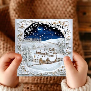El mejor regalo de Navidad: Tarjeta navideña de lujo de Pueblo Encantado con Nieve, cabañas caprichosas, papelería impresa, magia invernal 2025