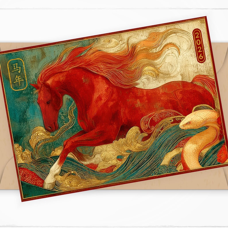 Year of the Horse Money Wallet Card 2026, Luxury Red Envelope Alternative, Fits Cash, Illustrated Lunar New Year Gift, Fire Horse Ang Pao