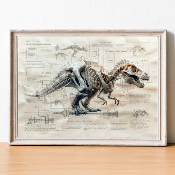 Dinosaur T-Rex Skeleton Poster Medieval Anatomy Drawing, Tyrannosaurus Rex Lovers Wall Art, Gothic Paleontology Decor Prehistoric Creature
