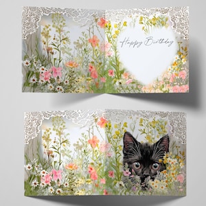 Personalisierte schwarze Katze in Wildblumen Karte Blumenspitze Kätzchen Vintage Stil Stationär Geburtstagsgeschenk Cottagecore Provence Aquarell Druck