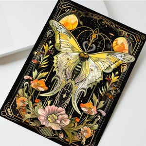Butterfly Moth Illustration Art Nouveau Stationary, Insect Flowers Goth Goblincore Whimsigoth Birthday Card, Cottagecore Dark Moths Gift