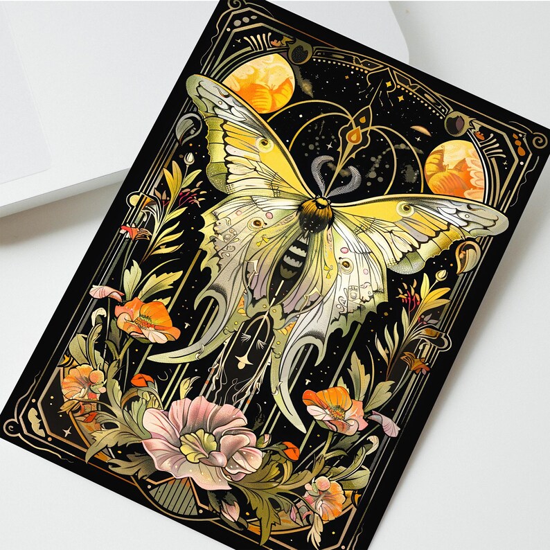 Butterfly Moth Illustration Art Nouveau Stationary, Insect Flowers Goth Goblincore Whimsigoth Birthday Card, Cottagecore Dark Moths Gift