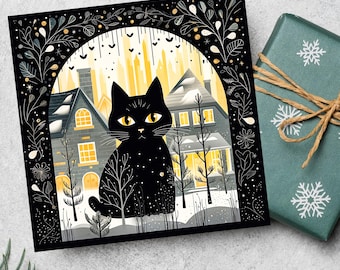 Black Cat in Window Snow Winter Card, Black Cat Greeting Card, Holiday Cat Cards, Cat Lover Card, Cift for Cat Owner, Xmas Pack of Cards