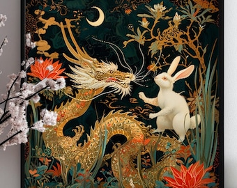 Gold Dragon Chasing Away White Rabbit Wall Art, Dragon Decor , Dragon Print, Gift for Dragon Lovers
