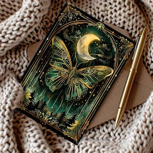 Carte de tarot personnalisée en or vert, papillon céleste, style Art nouveau, carte illustrée d'anniversaire, cadeau gothique, souvenir