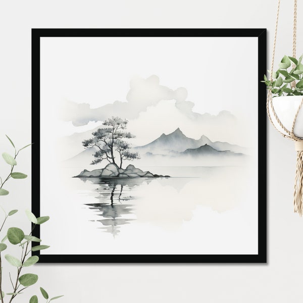 Japandi Zarte Wandkunst Monochromer Druck, Giclee Japandi Wand Poster, Gerahmte Japanische Wandkunst, Japandi Kunst Groß, Scandi Wandplakat