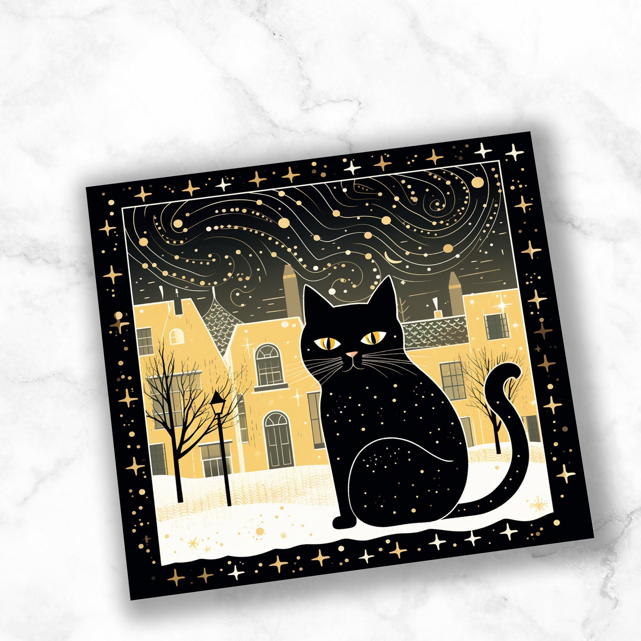 Divertente biglietto di Natale con gatto nero con busta, se i