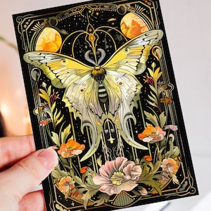 Butterfly Moth Illustration Art Nouveau Stationary, Insect Flowers Goth Goblincore Whimsigoth Birthday Card, Cottagecore Dark Moths Gift