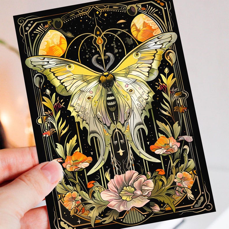 Butterfly Moth Illustration Art Nouveau Stationary, Insect Flowers Goth Goblincore Whimsigoth Birthday Card, Cottagecore Dark Moths Gift