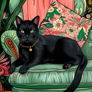 Tiffany Black Cats Card Happy Birthday, Sending Love to Cat Parents, Vintage Black Cat Illustration Stationary for Cat Lovers