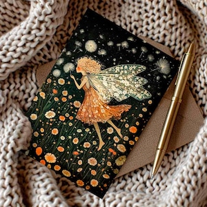 Fada com dentes-de-leão presente de aniversário para amantes de fadas, cartão de saudação mágico ilustrado com arte para menina filha sobrinha papelaria Fairycore