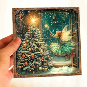 Tarjeta ilustrada con árbol de Navidad con luces de hadas caprichosas para amantes de las hadas, regalo de cumpleaños personalizado perfecto para niña, hija y mujer.