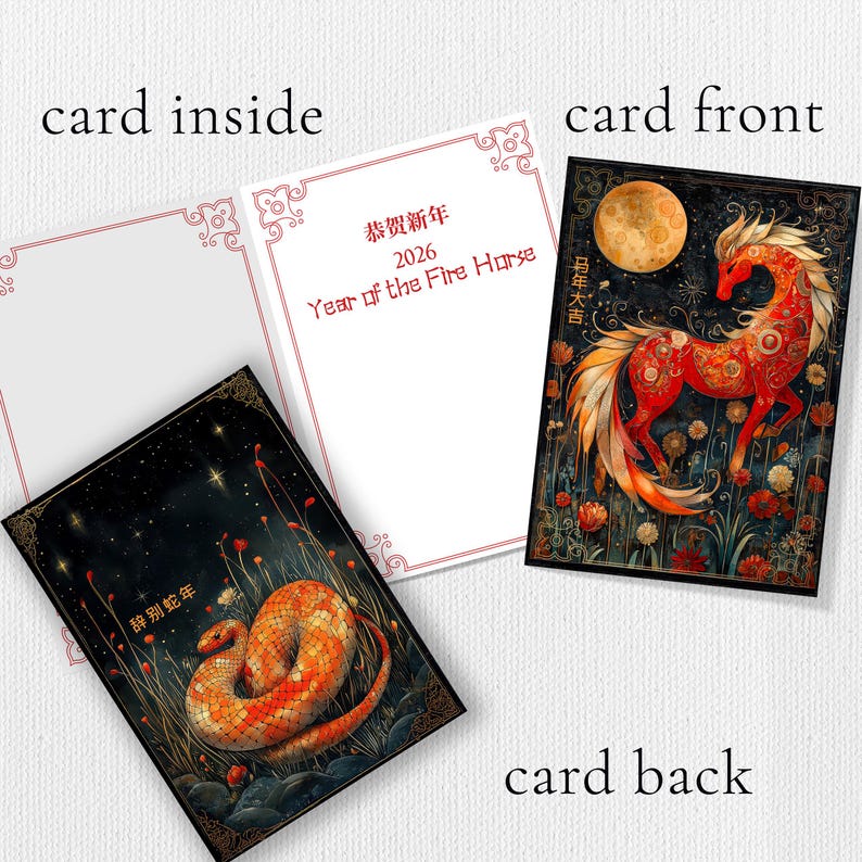 Chinese New Year 2026 Year of the Fire Horse Card, Red Envelope Option, Pack Cards, Lunar New Year Greeting CNY Gift 1 New Year (kraft)