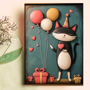 Carte-cadeau personnalisable d'anniversaire de chat avec des ballons pour les parents de chats ou les amoureux des chats, cartes de chat rigolotes, paquet de cartes d'anniversaire de chat