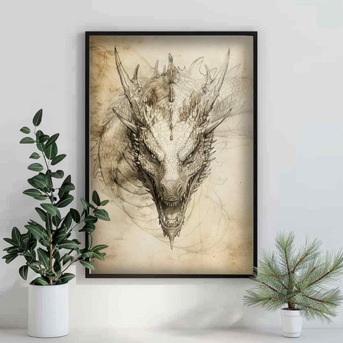 Impression d'art fantastique Dragon dessin au crayon, grande peinture de style vintage dragon, décoration murale dragon, cadeau d'illustration amateur de dragon